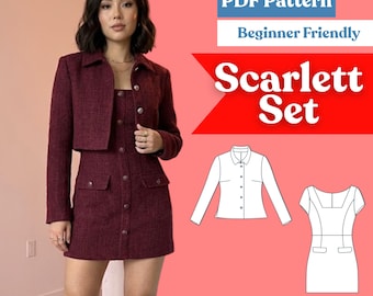 Cropped Long-Sleeve Blazer & Mini Dress Sewing Pattern: Button-Front Convertible Collar 2-Piece (PDF Download, XXS–5XL)