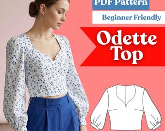 Split-Neck Bishop Sleeve Top Sewing Pattern: Fitted Blouse PDF (Instant Download, XXS–5XL)