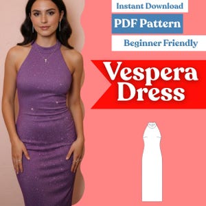 Halter Neck Cocktail Dress Sewing Pattern – Ankle-Length, Straight Fit (PDF, A0/A4/US-Letter + Projector, XXS–5XL)halter dress pattern