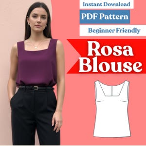 May include: A digital sewing pattern for the Rosa Blouse, featuring a sleeveless top with a square neckline. The image displays a purple blouse worn with black trousers, alongside a white line drawing of the garment and the text Rosa Blouse.