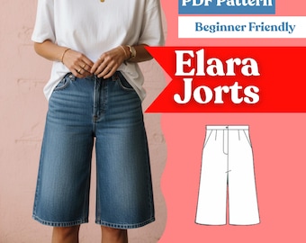 High-Waisted Jorts Sewing Pattern: Wide-Leg Bermuda Jean Shorts (PDF)