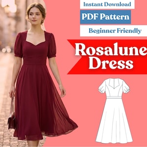 Könnte beinhalten: Ein bordeauxrotes Midikleid mit kurzen Puffärmeln, herzförmigem Ausschnitt und ausgestelltem Rock. Das Bild enthält den Text Instant Download, PDF Pattern, Beginner Friendly und Rosalune Dress sowie eine schwarz-weiße Strichzeichnung.