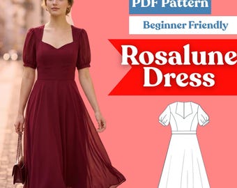 Sweetheart Neck Dress Sewing Pattern: Women’s Bishop Sleeve Half Circle Skirt Midi (PDF Download, XXS–5XL)