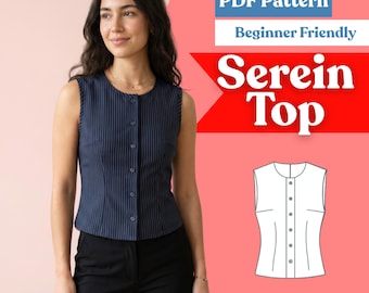 Schnittmuster für ein ärmelloses Top mit Knopfleiste: Eine taillierte Damen-Bluse mit Rundhalsausschnitt (PDF-Download, XXS-5XL)
