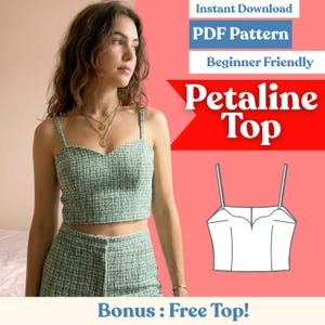 Könnte beinhalten: Gezeigt werden ein grünes Tweed-Crop-Top und passende Shorts. Das Top hat einen Sweetheart-Ausschnitt und dünne Träger. Das Bild enthält auch den Text "Instant Download PDF Pattern Beginner Friendly Petaline Top Bonus: Free Top!"