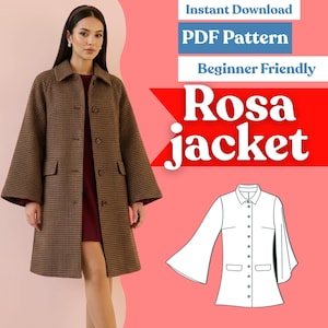 Könnte beinhalten: Eine braun-schwarze Jacke mit Hahnentrittmuster, Kragen, langen weiten Ärmeln und Knopfleiste. Das Bild enthält den Text Instant Download, PDF Pattern, Beginner Friendly, Rosa jacket sowie eine weiße Strichzeichnung der Jacke.