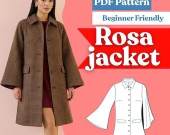 Trapeze Swing Coat Sewing Pattern: Women’s Flared Sleeve Convertible Collar Jacket (PDF Download, XXS–5XL)
