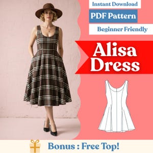 May include: A brown plaid dress with a scoop neckline and a flared skirt, worn by a woman. The image includes text that reads "Alisa Dress", "PDF Pattern", and "Beginner Friendly". The woman is wearing a brown hat and black heels.