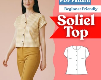 Cropped Button-Up Blouse Sewing Pattern (PDF) | Round-Neck Short-Sleeve Loose/Boxy Shirt | Women’s Top Pattern