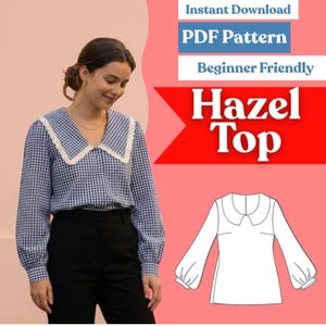 女性用ピーターパンカラーブラウスの縫製パターン：ゆったりとしたビショップスリーブトップ（PDF即時ダウンロード、XXS～5XL）