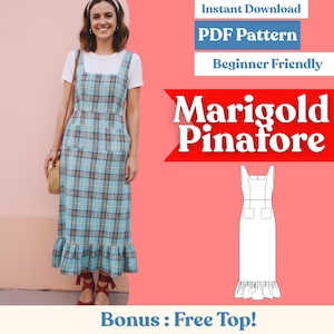 以下が含まれることがあります： 青いチェック柄のピナフォアドレス。フリル裾とスクエアネックが特徴。ドレスにはフロントポケットが2つ付いています。画像には「Marigold Pinafore」と「PDF Pattern」の文字が含まれています。