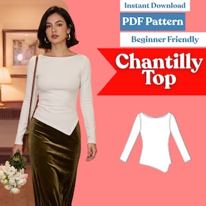 以下が含まれることがあります： Chantilly Topのデジタル縫製パターン。非対称の裾を持つ長袖の白いシャツが描かれています。画像にはInstant Download、PDF Pattern、Beginner Friendly、Chantilly Topというテキストが含まれています。