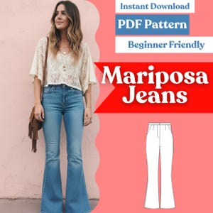 Puede incluir: Un patrón PDF para Mariposa Jeans que presenta un dibujo lineal de jeans acampanados de tiro alto. La imagen incluye el texto Instant Download, PDF Pattern, Beginner Friendly y Mariposa Jeans, junto a una foto de jeans azules.