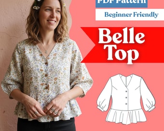 Top Sewing Pattern: Women’s Loose Cropped V-Neck Peplum, Bishop Sleeves (PDF Download, XXS–5XL)
