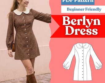 Polka Dot Dress Sewing Pattern: Women’s Button-Front Peter Pan Collar Bishop Sleeve Dress (PDF Download, XXS-5XL)