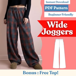 Peut inclure: Un pantalon de jogging large à carreaux gris et rouges. Le pantalon a une coupe large et une taille élastique. L'image comprend également le texte "Téléchargement instantané PDF Pattern Beginner Friendly Wide Joggers Bonus: Free Top!"