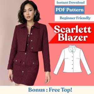 May include: A burgundy blazer and dress set with silver buttons. The image includes text that reads "Scarlett Blazer", "PDF Pattern", and "Beginner Friendly". A line drawing of the blazer is also shown. The image is set against a pink background.
