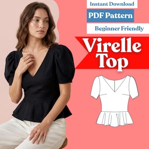 Mönster för åtsittande peplumtopp: Damblus med v-ringning och puffärm (PDF-nedladdning, XXS–5XL)