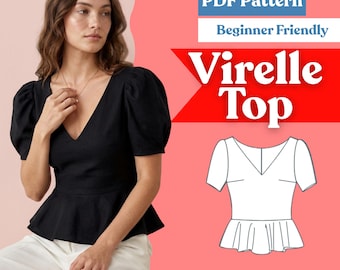 Fitted Peplum Top Sewing Pattern: Women’s V-Neck Puff Sleeve Blouse (PDF Download, XXS–5XL)