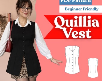 Women's Sleeveless Button-Up Vest Sewing Pattern, Scoop Neck PDF (XXS-5XL)