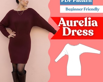 Patron de couture pour mini robe chauve-souris en tricot à encolure bateau – fente dans le dos (PDF, A0/A4/US-Letter, XXS-5XL)
