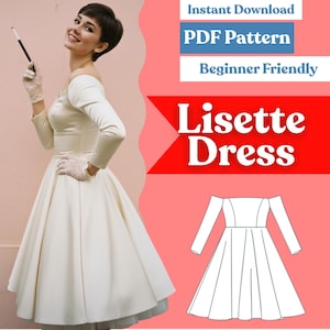 以下が含まれることがあります： LisetteドレスのデジタルPDF型紙。オフショルダーで長袖、フレアスカートの白いドレスが描かれています。画像には「Instant Download」「PDF Pattern」「Beginner Friendly」「Lisette Dress」というテキストが含まれています。
