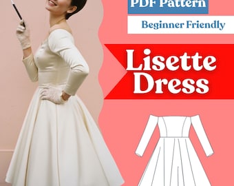 1950s Off-Shoulder Circle Skirt Dress Sewing Pattern (PDF) – Vintage Fit & Flare, Bardot Neckline, Long Sleeves – XXS–5XL
