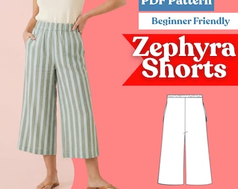 Wide-Leg Capri Pants Sewing Pattern: Pedal Pusher Culottes, Elastic Waist (PDF Download, XXS–5XL)