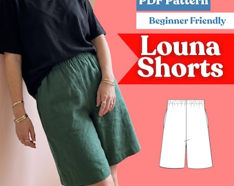Patrón de costura para pantalones cortos hasta la rodilla para mujer: Bermudas cómodas con cintura elástica y bolsillos (descarga en PDF, tallas XXS-5XL)