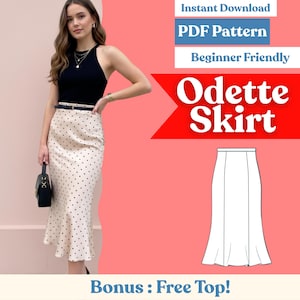 May include: A woman wearing a black halter top and a cream-colored skirt with black polka dots. The skirt has a flared hem. The image includes text that says "Odette Skirt", "PDF Pattern", and "Beginner Friendly".