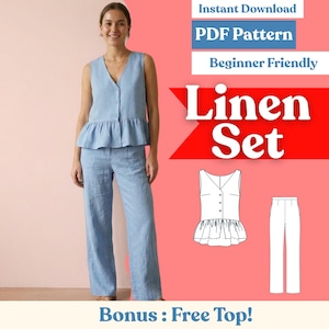 Könnte beinhalten: Ein hellblaues Leinen-Set, bestehend aus einem ärmellosen Oberteil mit Rüschensaum und passenden weiten Hosen. Das Bild zeigt auch ein PDF-Muster mit dem Text "Linen Set", "Instant Download" und "Beginner Friendly".