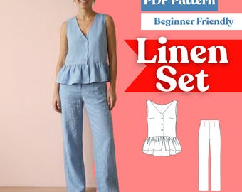 Women’s Linen Two-Piece Sewing Pattern Set (PDF) | Side-Zip Straight-Leg Trousers & Ruffle Peplum Top