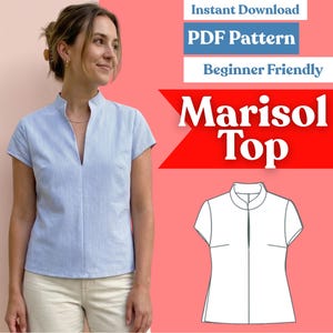 May include: A light blue and white pinstriped top with a mandarin collar and a deep V-neckline. The image includes text reading Instant Download, PDF Pattern, Beginner Friendly, and Marisol Top, alongside a black and white line drawing of the top.