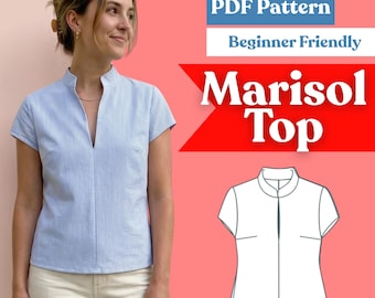 Mandarin Collar Top Sewing Pattern: Women’s Split-Neck Blouse PDF (Instant Download, XXS–5XL)