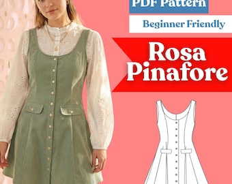 Pinafore / Jumper Dress Sewing Pattern: Scoop Neck Button-Front Fit & Flare Dress (PDF Instant Download, XXS–5XL)
