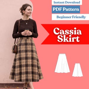 Puede incluir: Un patrón de costura PDF digital para la falda Cassia, con una silueta en forma de A de cintura alta y un patrón de cuadros beige y negro. El gráfico incluye el texto Instant Download, PDF Pattern, Beginner Friendly y Cassia Skirt.