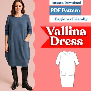 Op de afbeelding: Een blauwe knielange jurk met driekwartmouwen en twee voorzakken. De afbeelding bevat de tekst Instant Download, PDF Pattern, Beginner Friendly en Vallina Dress, naast een witte lijntekening van het ontwerp van de jurk.