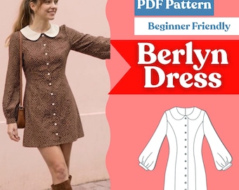 Polka Dot Dress Sewing Pattern: Women’s Button-Front Peter Pan Collar Bishop Sleeve Dress (PDF Download, XXS-5XL)