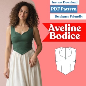 Könnte beinhalten: Ein digitales PDF-Schnittmuster für das Aveline-Mieder, bestehend aus einem ärmellosen grünen Oberteil mit herzförmigem Ausschnitt und spitzem Saum, dargestellt neben einer technischen Strichzeichnung des Designs.
