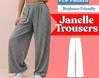 Hose mit weitem Bein Schnittmuster (PDF) | Elastische Bundhose mit Innennahttaschen | Damen Lounge Hose