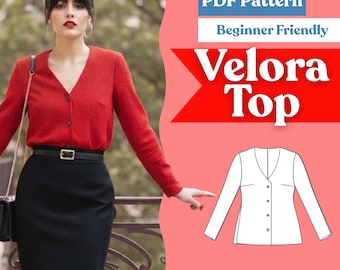 V-Neck Button-Up Bluse Schnittmuster: Frauen-Langarm-Top (PDF-Download, XXS-5XL)