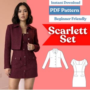 May include: A burgundy tweed-style jacket and matching dress set featuring a button-down front and two flap pockets on the dress. The image includes text reading Instant Download, PDF Pattern, Beginner Friendly, and Scarlett Set.