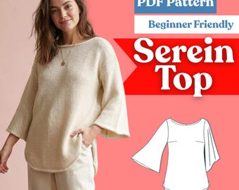 Boat Neck Bell Sleeve Knit Top Sewing Pattern (PDF) | Women’s Side-Slit Tee | Digital Download