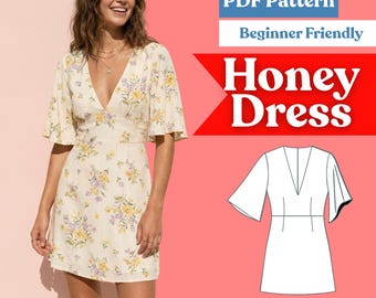 Flutter Sleeve Mini Dress Sewing Pattern: Plunge V-Neck, Darted Waist, 3/4 Sleeves (PDF Download, XXS–5XL)