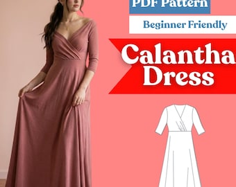 Könnte beinhalten: Ein altrosa bodenlanges Kleid mit V-Ausschnitt und Dreiviertelärmeln. Das Bild enthält den Text Instant Download, PDF Pattern, Beginner Friendly und Calantha Dress sowie eine weiße Strichzeichnung des Kleides.