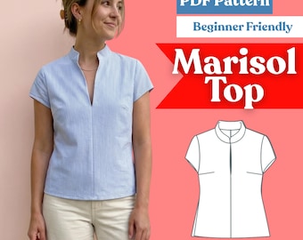Mandarin Collar Top Sewing Pattern: Women’s Split-Neck Blouse PDF (Instant Download, XXS–5XL)