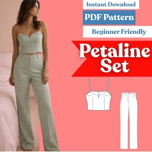 May include: A light green two-piece set consisting of a cropped camisole top with a sweetheart neckline and matching high-waisted trousers. The image includes text reading Instant Download, PDF Pattern, Beginner Friendly, and Petaline Set.