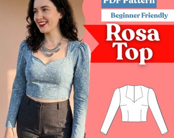 Sweetheart Neckline Top Sewing Pattern: Women’s Fitted Long Sleeve Crop Top (PDF Download, XXS-5XL)