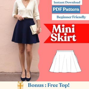 May include: A navy blue mini skirt with a flared shape. The image also shows a cream cardigan, a clutch, and navy heels. Text on the image reads "Mini Skirt", "PDF Pattern", and "Beginner Friendly".