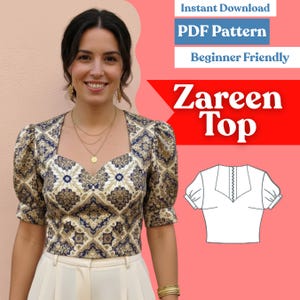 Könnte beinhalten: Ein kurzärmeliges Oberteil mit quadratischem Ausschnitt und einem blau-gold-weißen Damastmuster. Das Bild enthält den Text Instant Download, PDF Pattern, Beginner Friendly, Zareen Top sowie eine schwarz-weiße Strichzeichnung des Oberteils.
